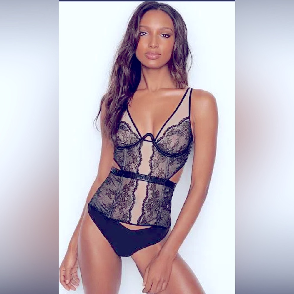 Victoria’s Secret hip corset underwire bra, Teddy black Chantilly lace nude mesh
